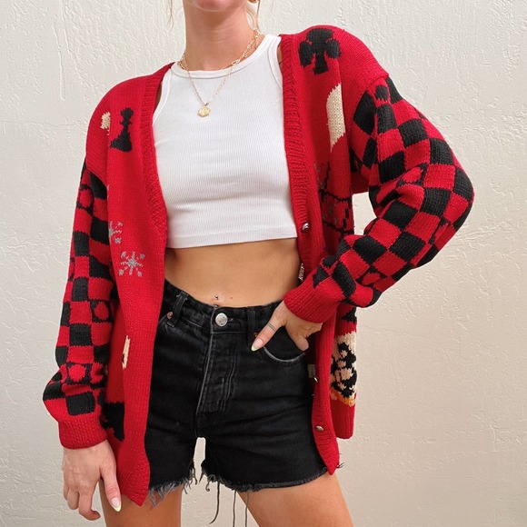 Vintage Queen of Heart Red Funky Game Night Cardigan Sweater - Picture 3 of 5